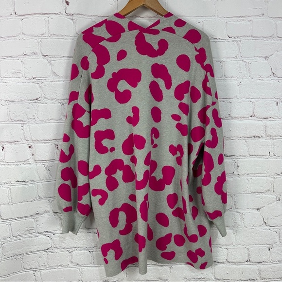 Pink Gray Leopard Print Women's Sweater long length open front cardigan size PXL - Picture 5 of 6
